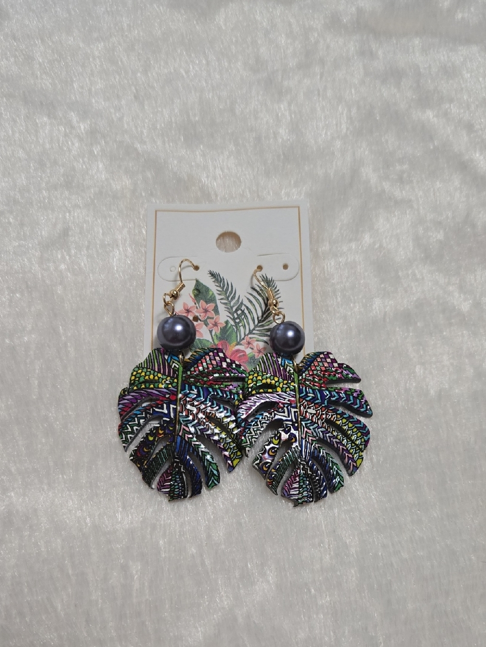 Multicolor Tropical Leaf Drop Earrings with Gray Pearl Accent